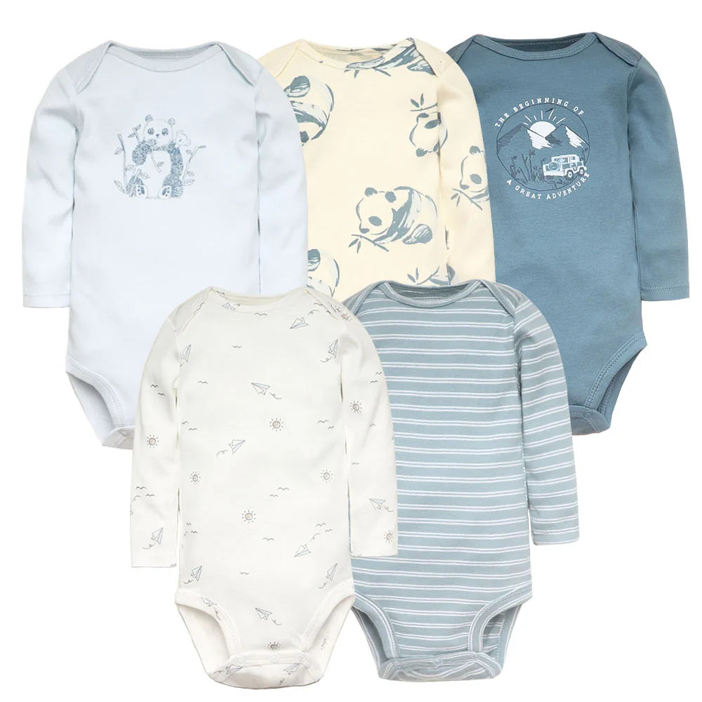 stack of 5 cotton baby bodysuits in neutral tones