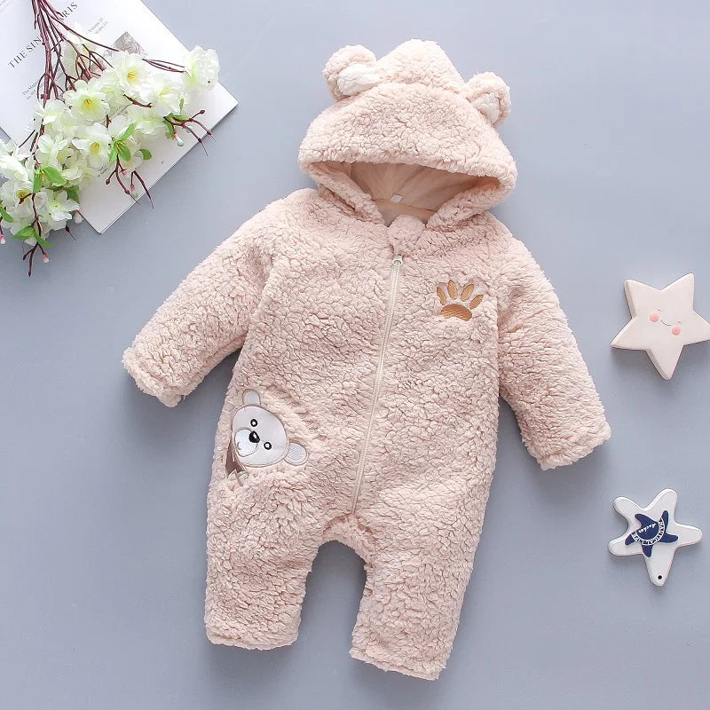 Bear Embroidered Baby Jumpsuit – Soft Fleece Romper with Hood for Newborns & Infants