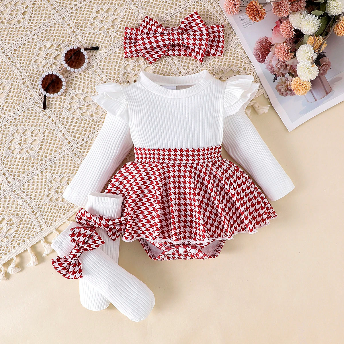 3-Piece Baby Girl Outfit – Long Sleeve Top, Socks & Matching Headband Set