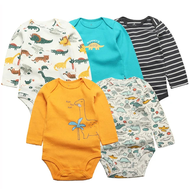 stack of 5 cotton baby bodysuits in neutral tones