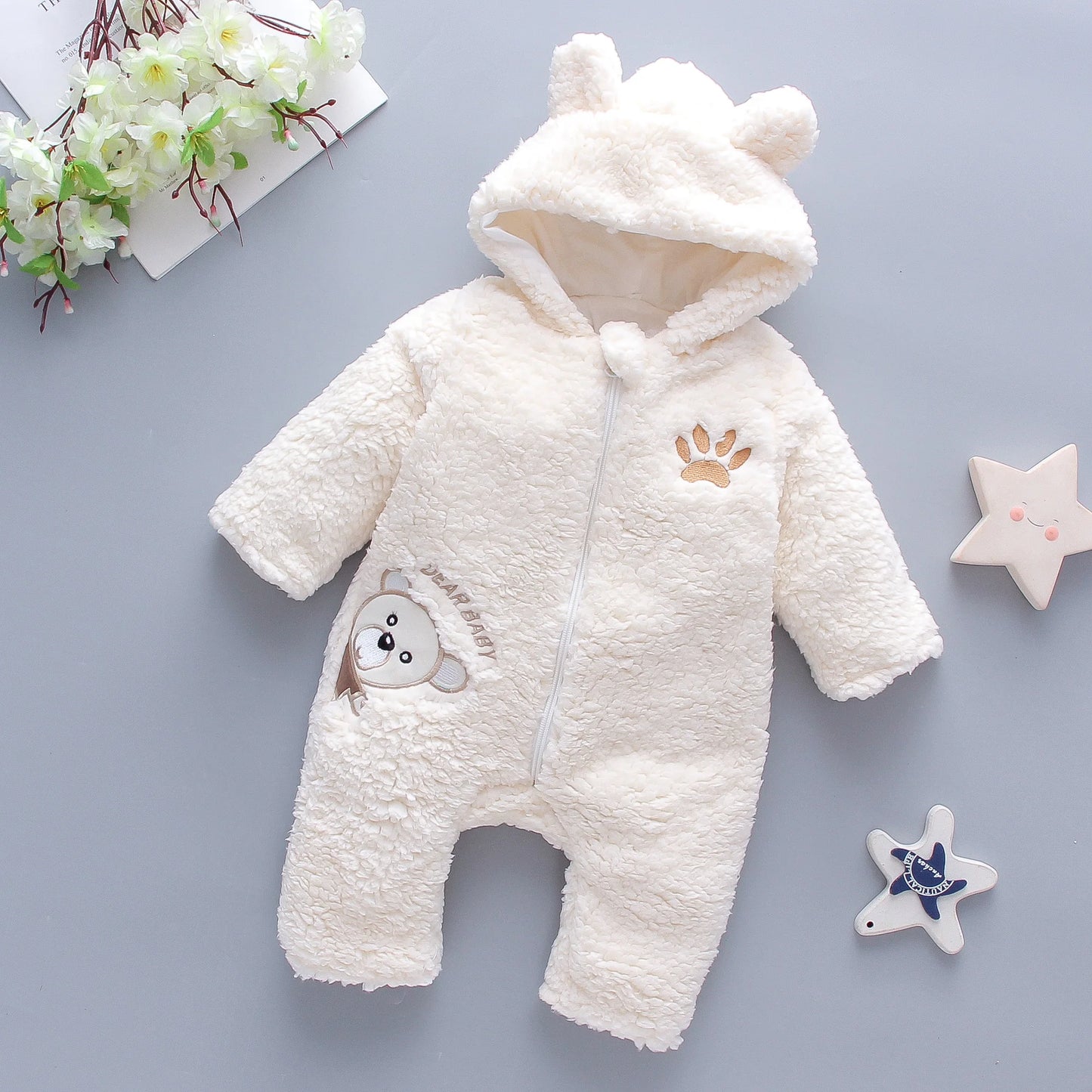 Bear Embroidered Baby Jumpsuit – Soft Fleece Romper with Hood for Newborns & Infants