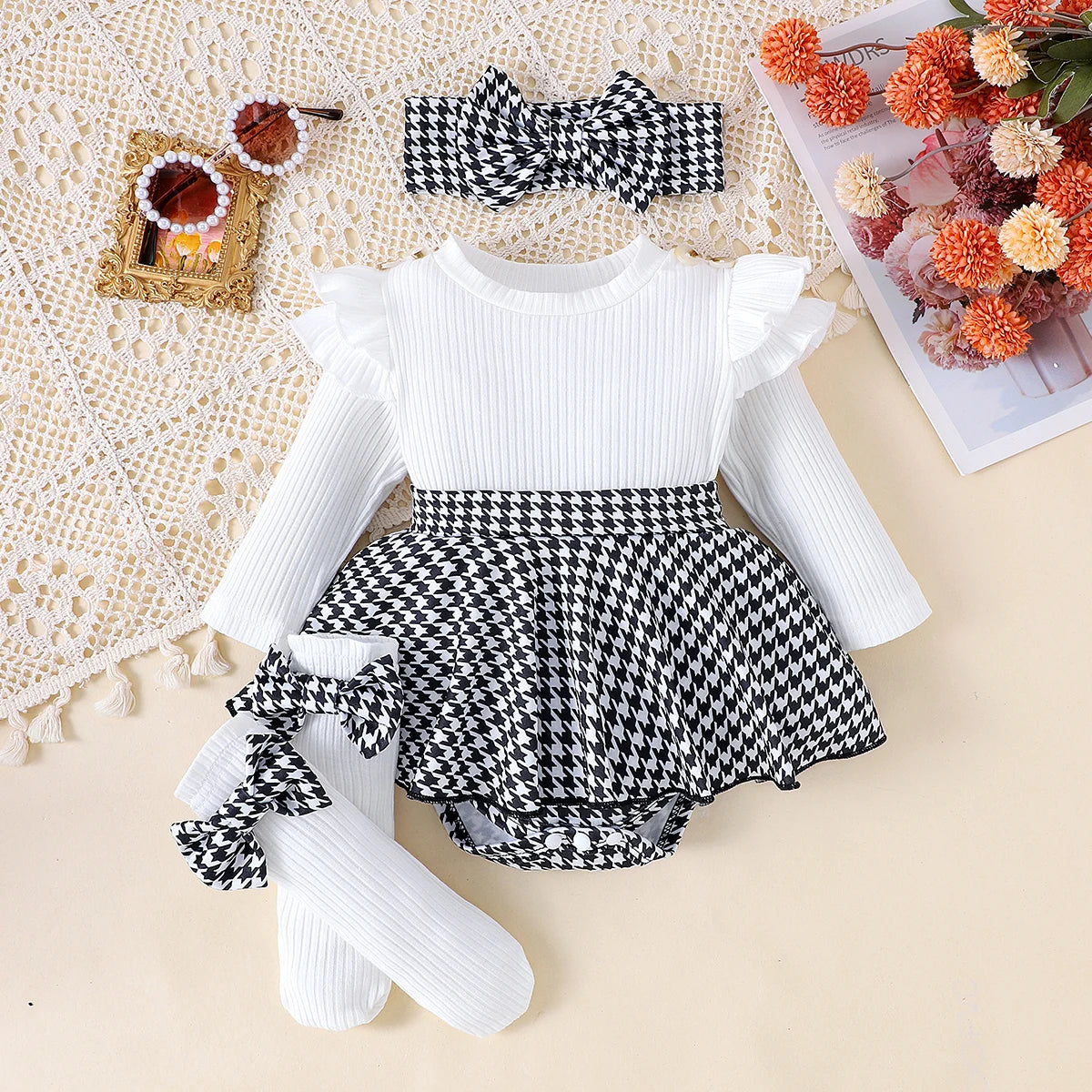 3-Piece Baby Girl Outfit – Long Sleeve Top, Socks & Matching Headband Set