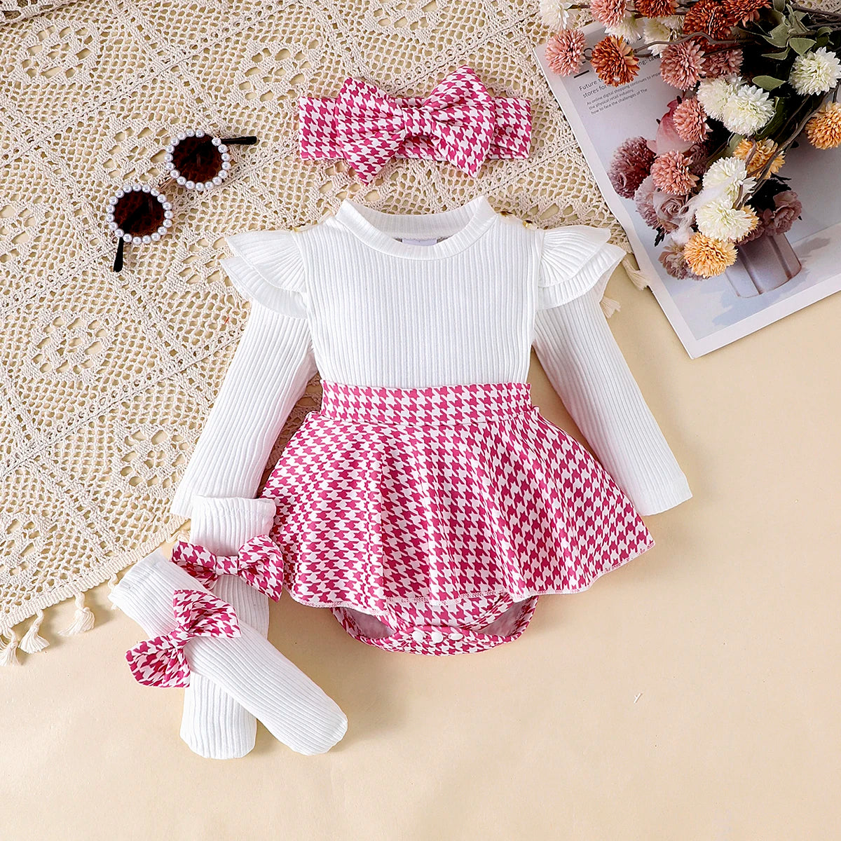 3-Piece Baby Girl Outfit – Long Sleeve Top, Socks & Matching Headband Set